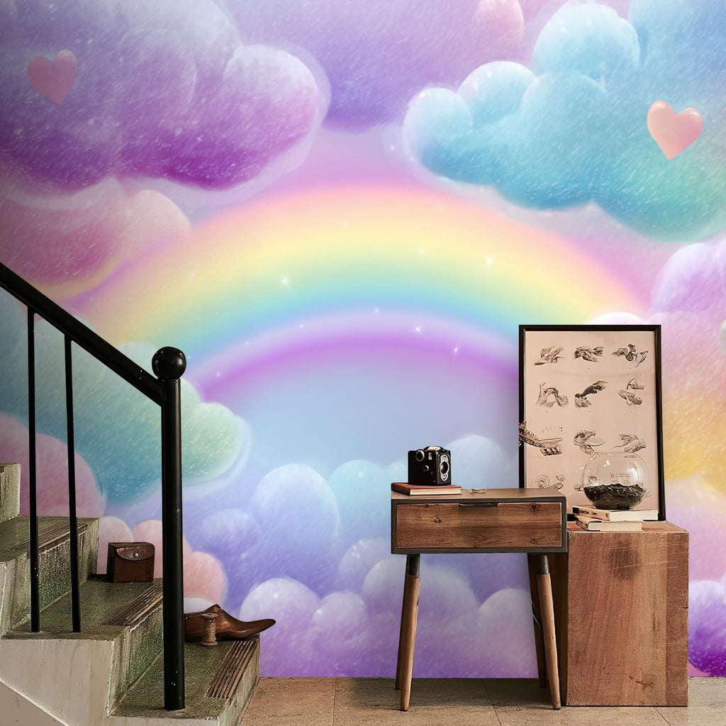 Toile murale ciel arc-en-ciel et nuages pastel à tendre