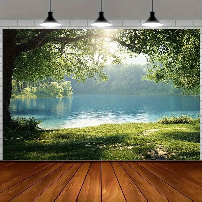 Toile murale lac turquoise et grand chêne, à suspendre au mur