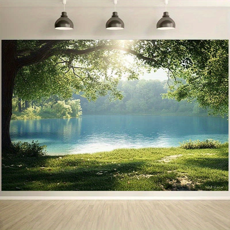 Toile murale lac turquoise et grand chêne, à suspendre au mur
