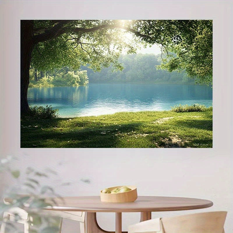 Toile murale lac turquoise et grand chêne, à suspendre au mur
