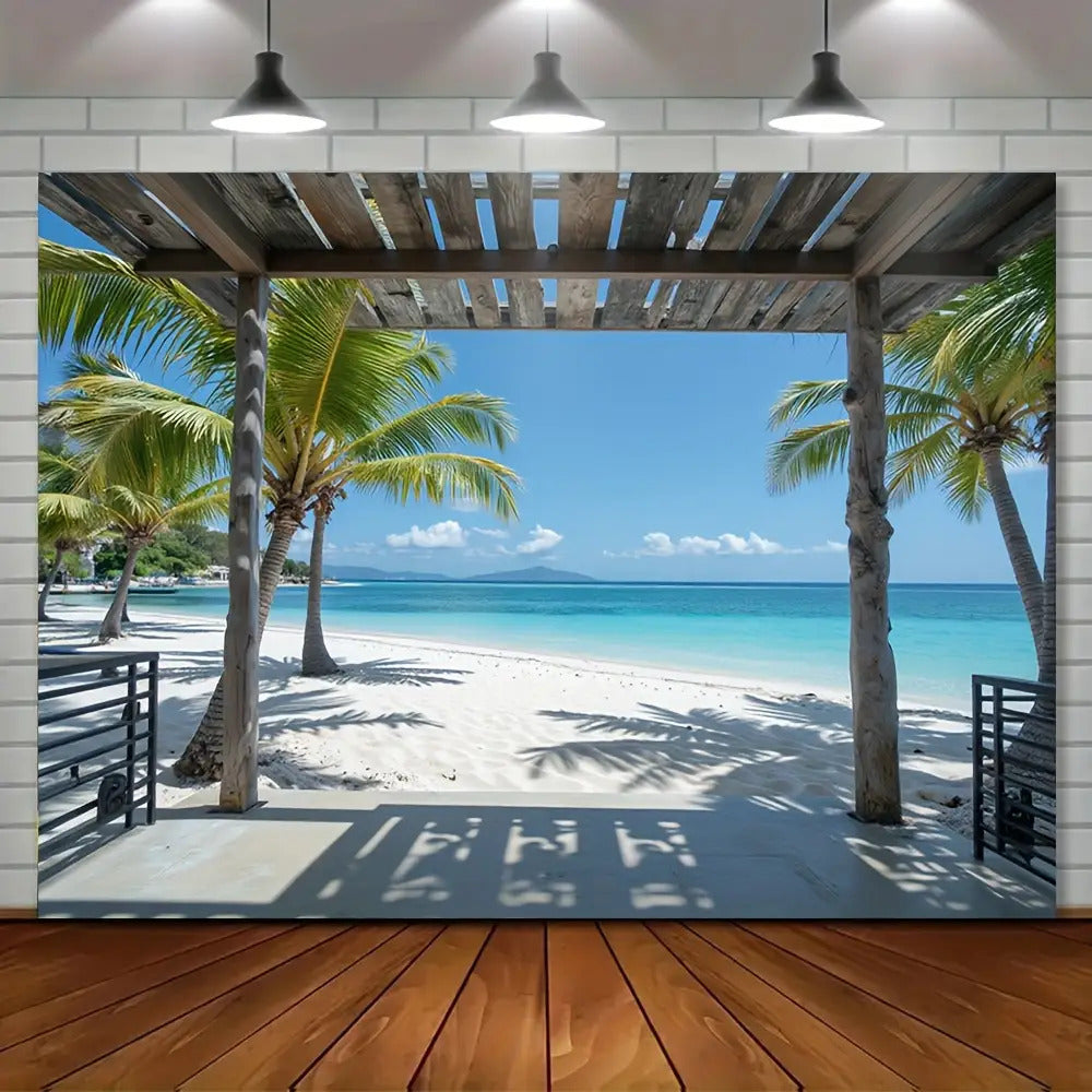Toile murale plage tropicale vue sous une pergola de bois