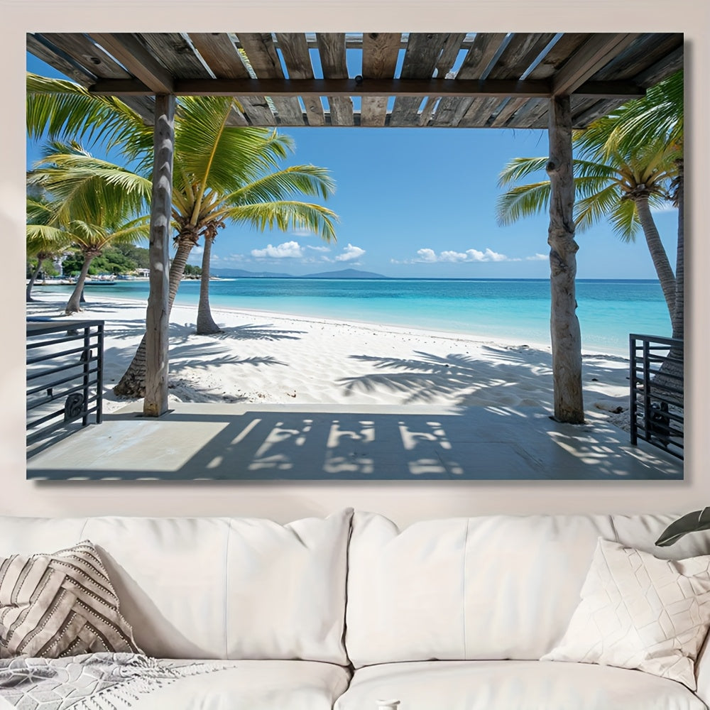 Toile murale plage tropicale vue sous une pergola de bois