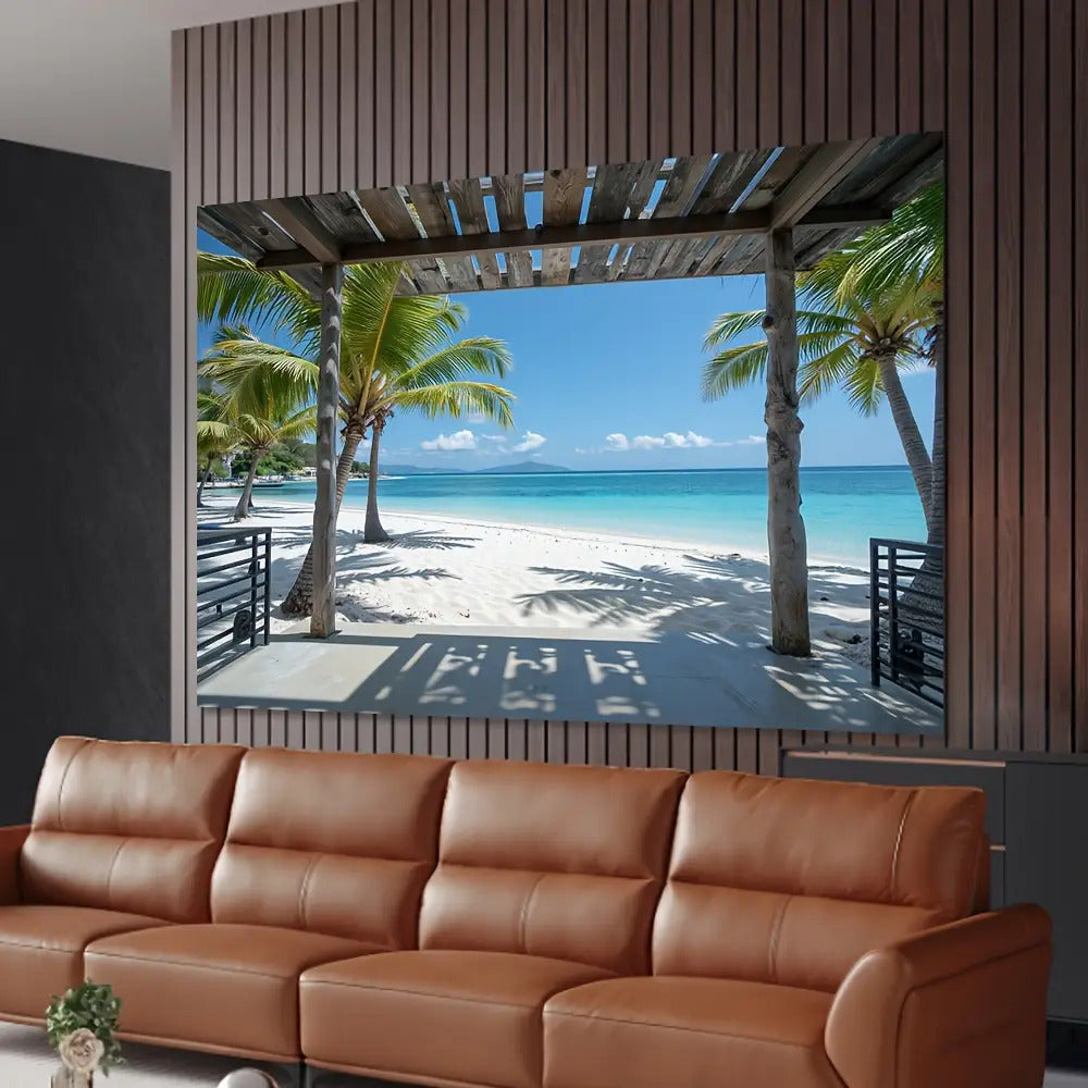 Toile murale plage tropicale vue sous une pergola de bois