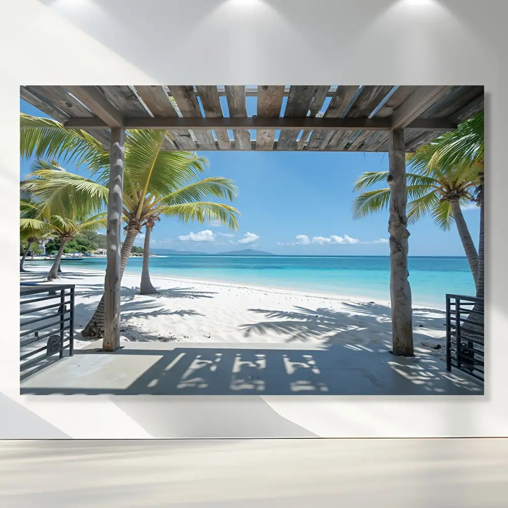 Toile murale plage tropicale vue sous une pergola de bois