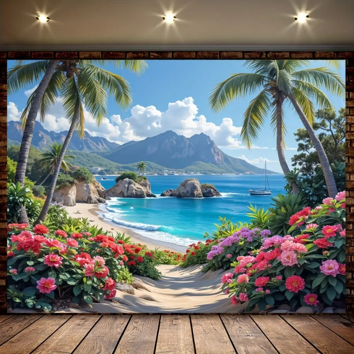 Toile murale plage tropicale, palmiers et hibiscus fleuris