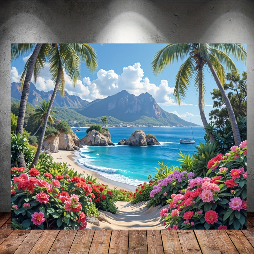 Toile murale plage tropicale, palmiers et hibiscus fleuris