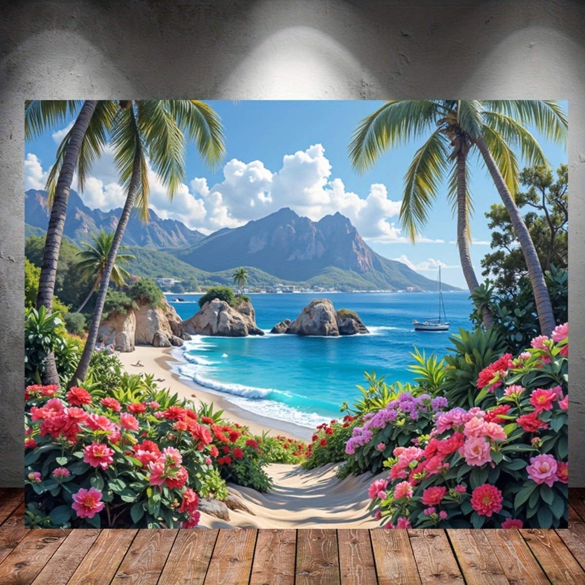 Toile murale plage tropicale, palmiers et hibiscus fleuris