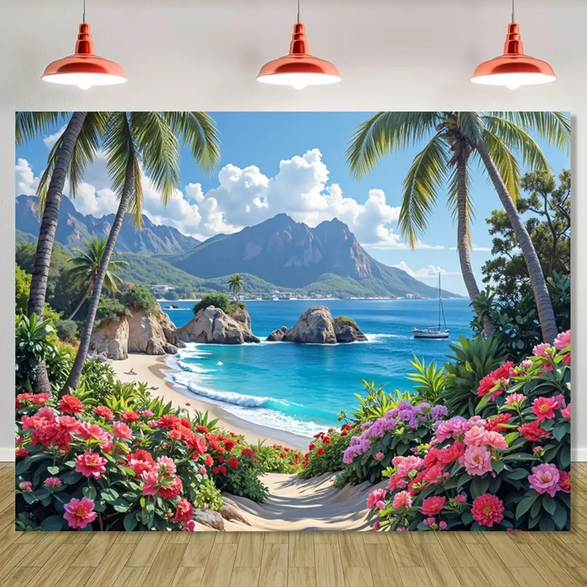 Toile murale plage tropicale, palmiers et hibiscus fleuris