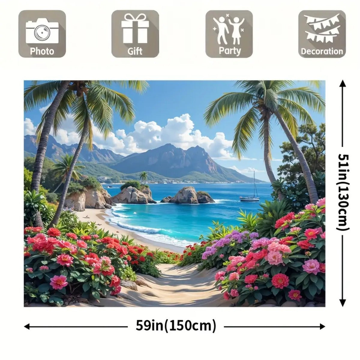 Toile murale plage tropicale, palmiers et hibiscus fleuris